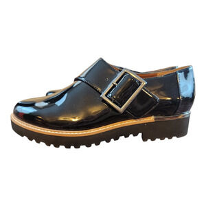 Franco Sarto womens black patent silver buckle loafer shoe sz 6M round toe